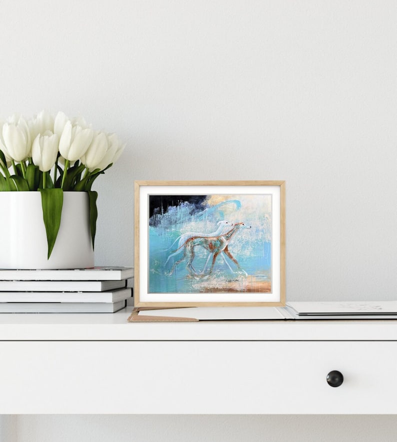Framed 10x8"(20x25cm) print of two greyhounds from the painting by Louise Charles-Saarikoski.