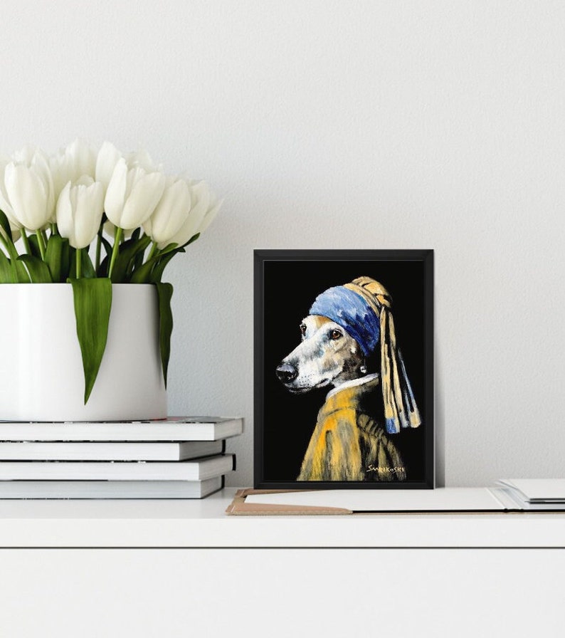 Galgo with a Pearl Earring Canvas Print in Black Float Frame, Greyhound Art Mothers Day Gift, Johannes Vermeer Painting, Whippet Painting image 6