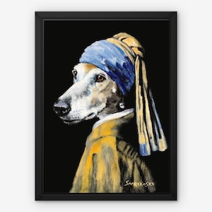 Galgo with a Pearl Earring Canvas Print in Black Float Frame, Greyhound Art Mothers Day Gift, Johannes Vermeer Painting, Whippet Painting image 1