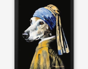 Galgo with a Pearl Earring Canvas Print in Black Float Frame, Greyhound Art Mothers Day Gift, Johannes Vermeer Painting, Whippet Painting