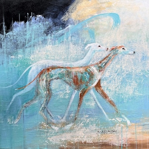 A fine art print of two Galgo Espanol trotting across an abstract background from sea to land. Reproduced from a painting by Louise Charles-Saarikoski.