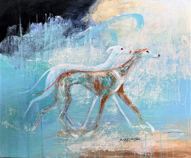 A fine art print of two Galgo Espanol trotting across an abstract background from sea to land. Reproduced from a painting by Louise Charles-Saarikoski.