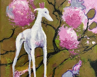 Dipinto acrilico originale levriero bianco, regalo per la festa della mamma di Galgo Espanol OOAK, regalo di compleanno del cane Whippet, arte della parete su tela del levriero,