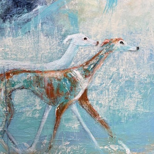 May include: A painting of two white dogs running through a blue and white abstract background. The dogs are painted in a stylized way, with their bodies appearing almost skeletal. The background is a mix of blue, white, and green, with a hint of yellow. The artist's signature, "SMARIKOSKI", is visible in the lower right corner.