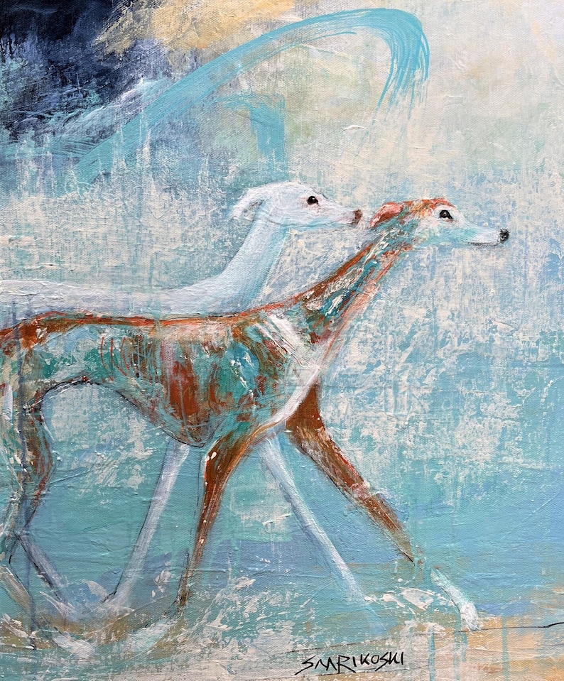 May include: A painting of two white dogs running through a blue and white abstract background. The dogs are painted in a stylized way, with their bodies appearing almost skeletal. The background is a mix of blue, white, and green, with a hint of yellow. The artist's signature, "SMARIKOSKI", is visible in the lower right corner.