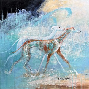 May include: Abstract painting of two white dogs running through a blue and white landscape. The painting is signed "Smrikosu" in the bottom right corner.