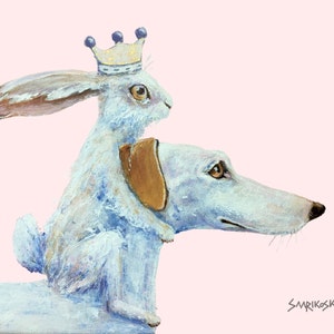 Stampa artistica con levriero bianco e lepre con corona, divertente decorazione murale con galgo spagnolo, regalo per la festa della mamma, regalo di compleanno con levriero e coniglio