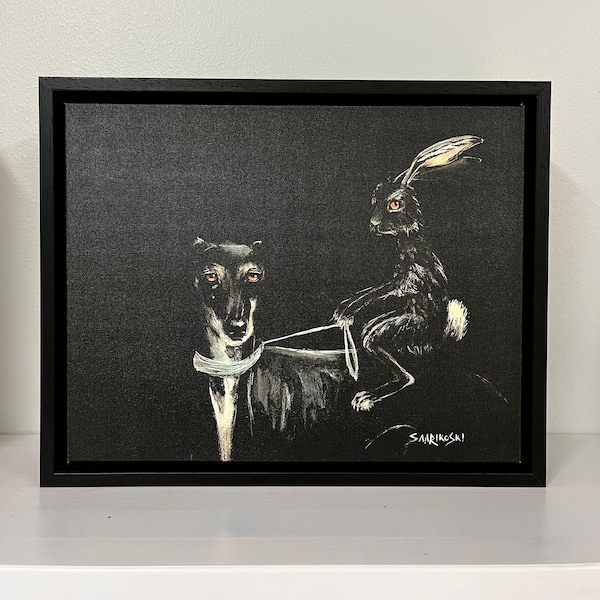 Black Greyhound and Hare Canvas Mounted in Black Float Frame, Galgo Espanol and Black Rabbit Painting, Sighthound Birthday Gift for Him