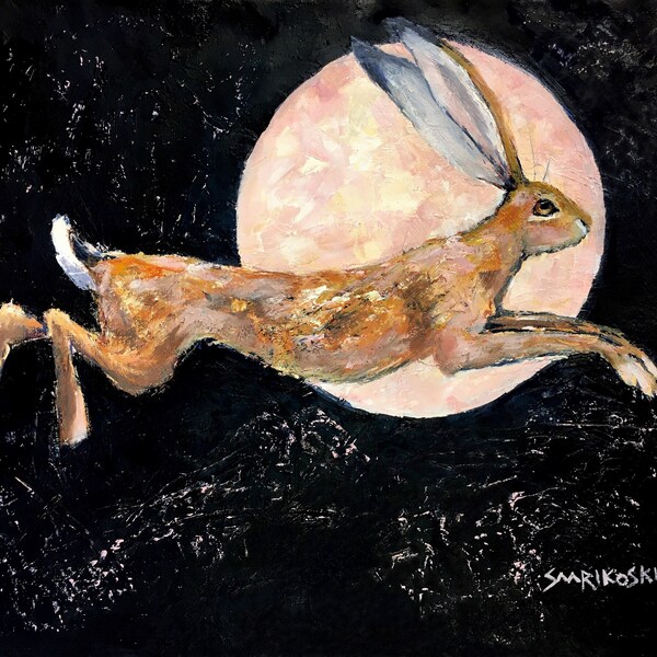 Peinture à l'huile originale abstraite de lièvre brun, art mural de toile de lapin sauvage prêt à accrocher, cadeau de fête des mères pour elle, cadeau d'anniversaire de faune