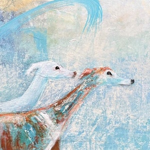 Head detail of two greyhounds in the painting March to Freedom by Louise Charles-Saarikoski.