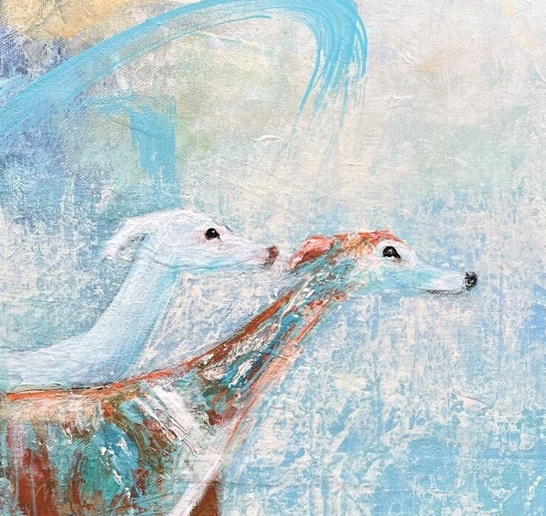Head detail of two greyhounds in the painting March to Freedom by Louise Charles-Saarikoski.
