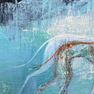 May include: Abstract painting of a dog running through a blue and white landscape. The dog is painted in shades of brown, white, and red. The background is a mix of blue, white, and black.