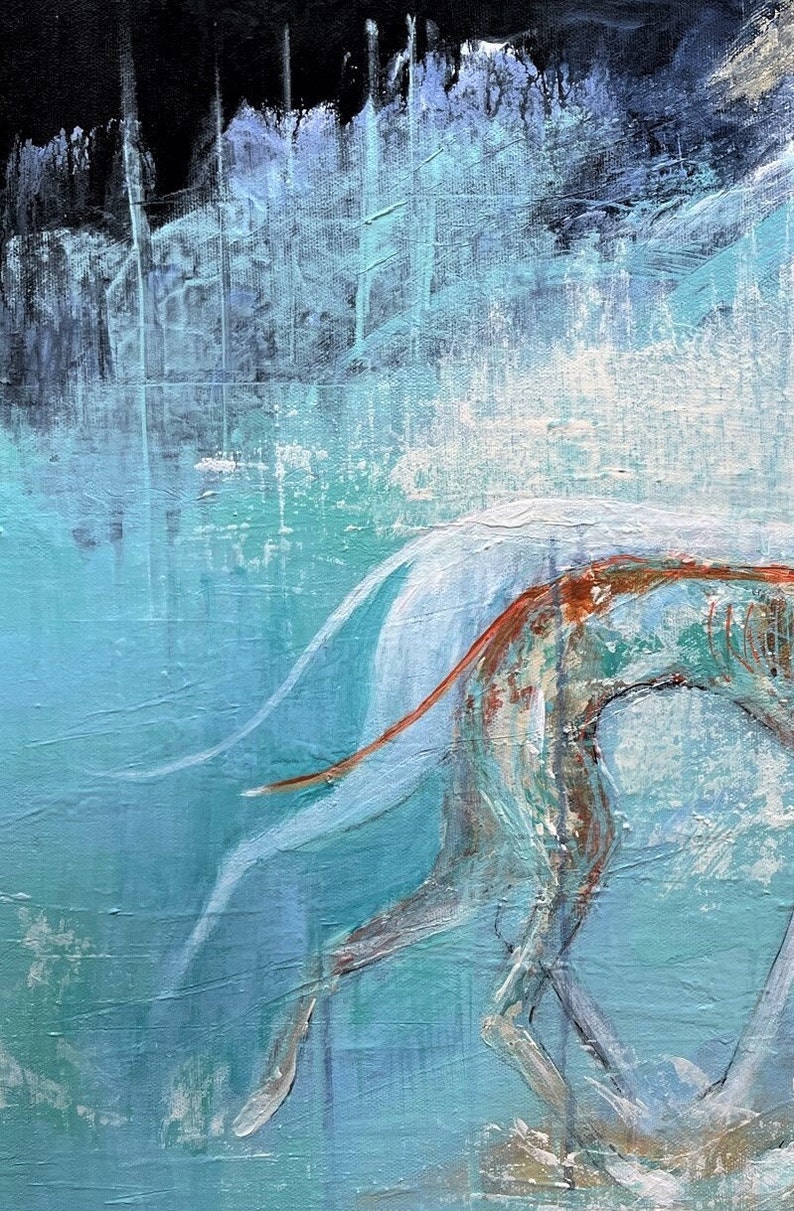 May include: Abstract painting of a dog running through a blue and white landscape. The dog is painted in shades of brown, white, and red. The background is a mix of blue, white, and black.