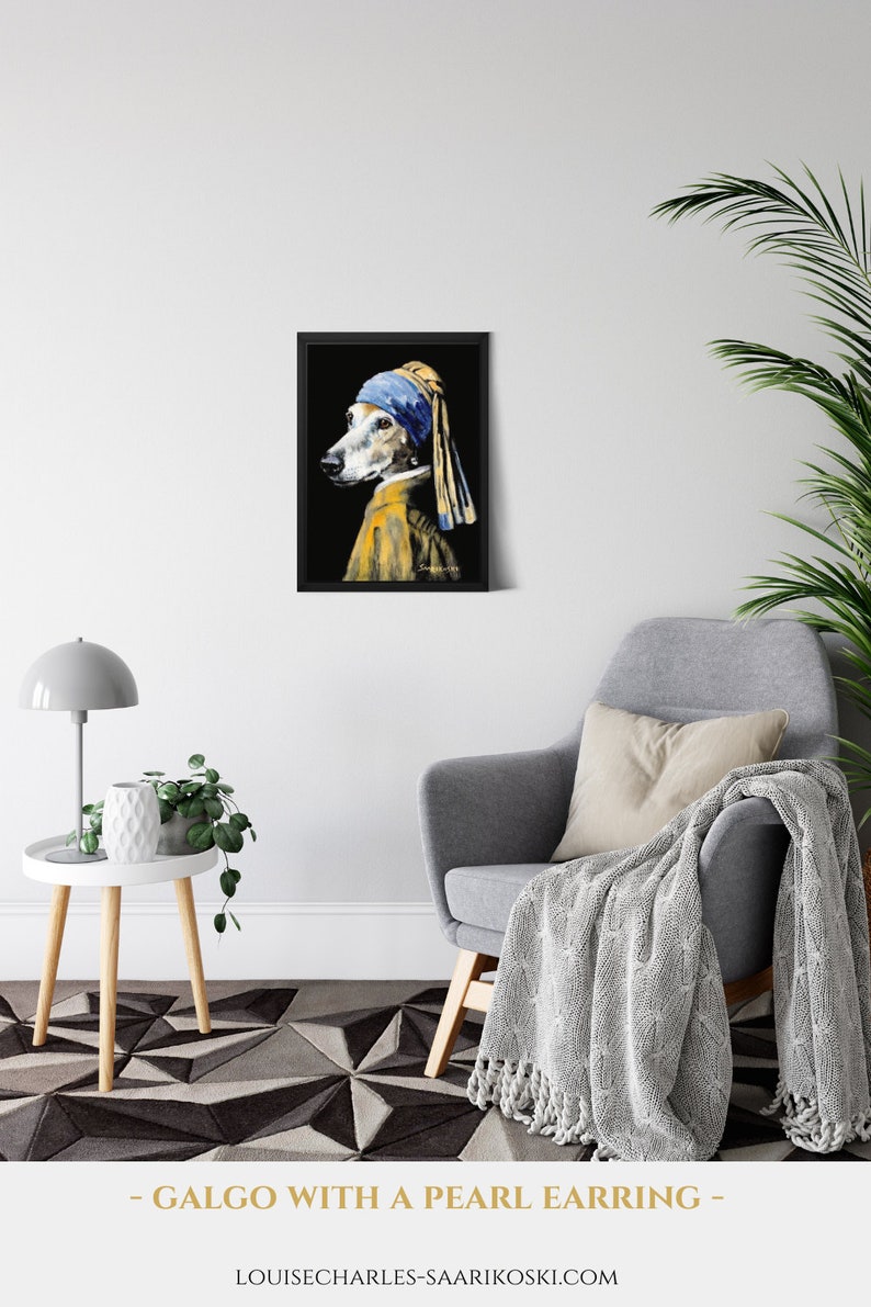 Galgo with a Pearl Earring Canvas Print in Black Float Frame, Greyhound Art Mothers Day Gift, Johannes Vermeer Painting, Whippet Painting image 2