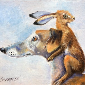 Stampa artistica di lepre e levriero, divertente stampa murale di galgo spagnolo, regalo per la festa del papà con levriero, regalo di compleanno con levriero e coniglio.