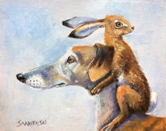 Hare and Greyhound Art Print: Funny Brindle Galgo Espanol & Rabbit Giclée Wall Art