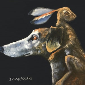 Stampa artistica di lepre e levriero, regalo di compleanno con galgo spagnolo tigrato, regalo per la festa del papà con levriero, caverna dell'uomo, cane da caccia