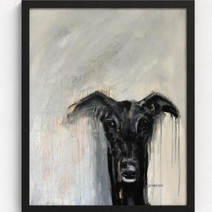 Stampa artistica di un Galgo Español nero in una cornice di legno, regalo per la festa del papà, decorazione murale di un levriero, regalo di compleanno con dipinto di un levriero, decorazione per la casa con un Whippet