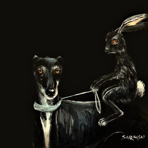 Black Greyhound and Hare Art Print, Gift for Him, Galgo Espanol Wall Art, Sighthound Painting Birthday Gift, Whippet Home Decor,