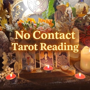 May include: A mystical scene featuring tarot cards, lit candles, and floral arrangements. The text "No Contact Tarot Reading" is displayed prominently. The cards depict cat illustrations, and crystals and other spiritual items are present.