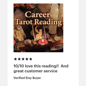 May include: An image featuring a tarot card reading setup. The text "Career Tarot Reading" is displayed above a tarot card with a cat illustration, a lit candle, crystals, and other spiritual items. The image is surrounded by a white background.
