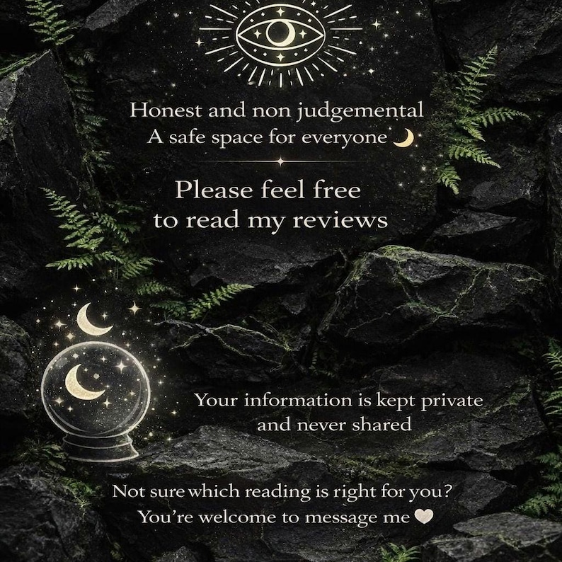 May include: A mystical image with a dark background featuring text about readings. The text includes phrases like "Honest and non judgmental" and "A safe space for everyone." A crystal ball and crescent moon are also visible.