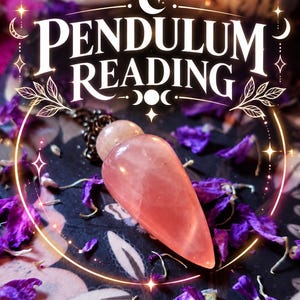May include: A polished, teardrop-shaped rose quartz pendulum attached to a dark metal chain. The text PENDULUM READING is displayed in white lettering above the crystal, framed by a glowing circular border with moon and star icons.