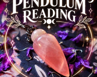 May include: A polished, teardrop-shaped rose quartz pendulum attached to a dark metal chain. The text PENDULUM READING is displayed in white lettering above the crystal, framed by a glowing circular border with moon and star icons.