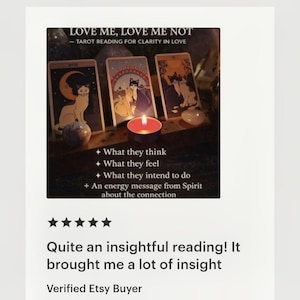 May include: Tarot reading with three cards featuring cat illustrations, a lit candle, and crystals. The text reads "LOVE ME, LOVE ME NOT - TAROT READING FOR CLARITY IN LOVE" and details about the reading.