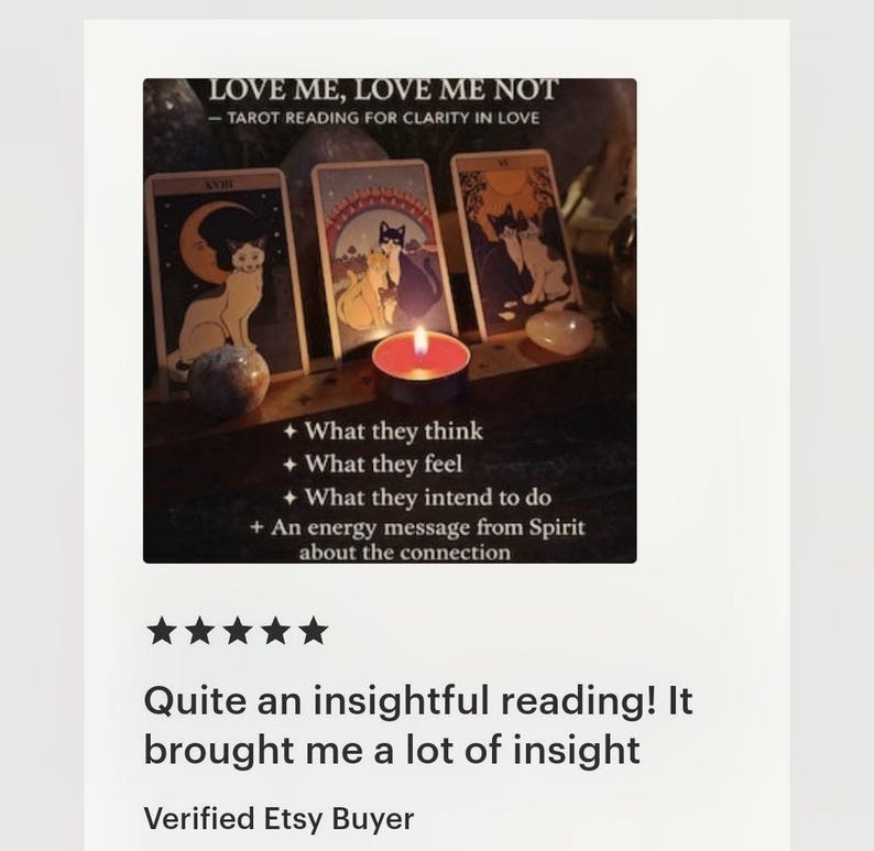 May include: Tarot reading with three cards featuring cat illustrations, a lit candle, and crystals. The text reads "LOVE ME, LOVE ME NOT - TAROT READING FOR CLARITY IN LOVE" and details about the reading.