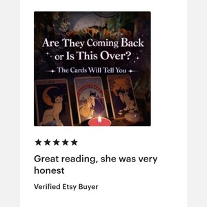 May include: Image features three tarot cards with cat illustrations, a lit candle, and the text "Are They Coming Back or Is This Over? The Cards Will Tell You." The cards have gold borders and depict cats in various poses.