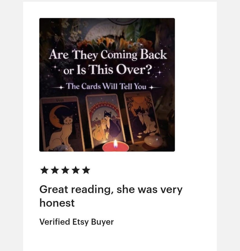 May include: Image features three tarot cards with cat illustrations, a lit candle, and the text "Are They Coming Back or Is This Over? The Cards Will Tell You." The cards have gold borders and depict cats in various poses.