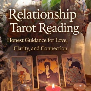Relationship tarot reading altar with candles, crystals, and tarot cards offering love clarity and guidance