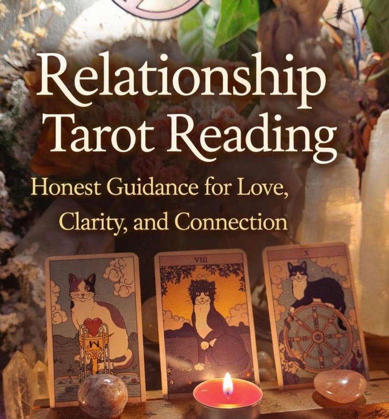 Relationship tarot reading altar with candles, crystals, and tarot cards offering love clarity and guidance