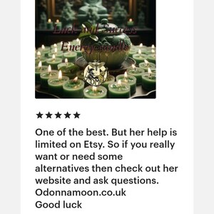 May include: A collection of green tea light candles surrounding a decorative green container with the text "Luck and Success Energy Candle" and the OM symbol. The background features a Buddha statue.
