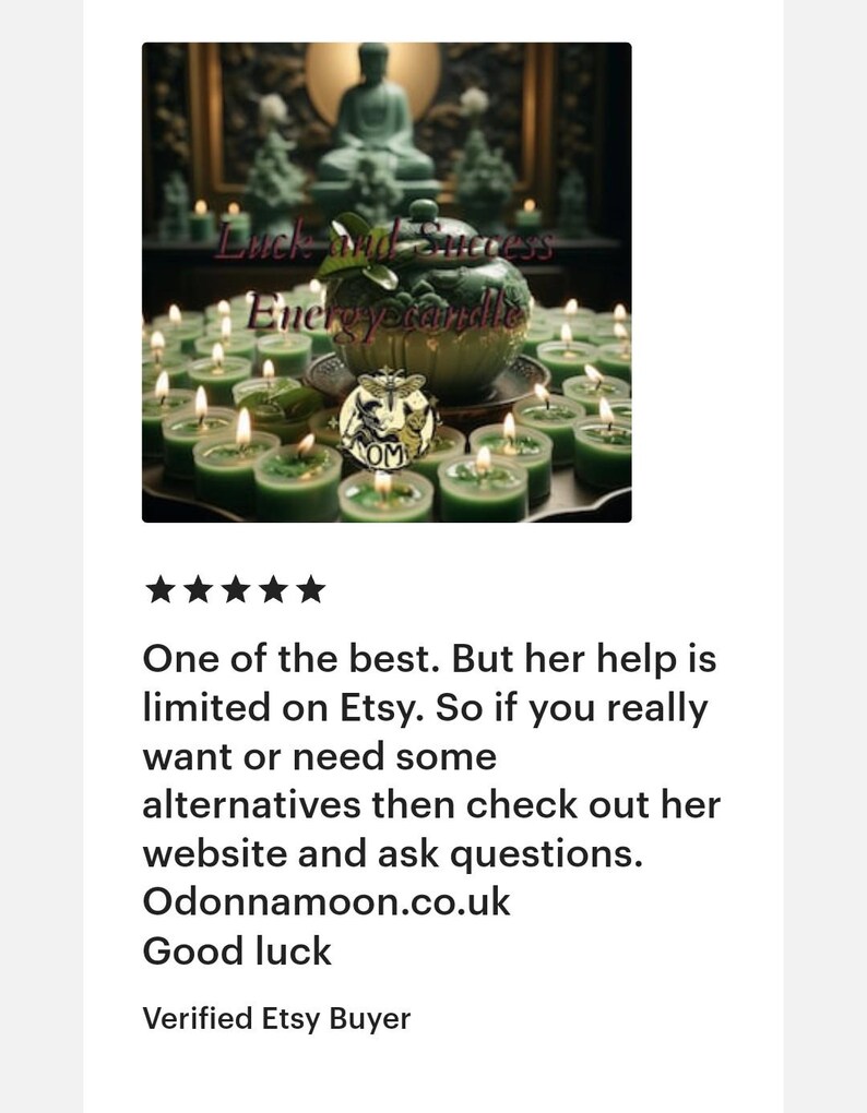 May include: A collection of green tea light candles surrounding a decorative green container with the text "Luck and Success Energy Candle" and the OM symbol. The background features a Buddha statue.