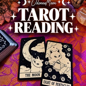 May include: Two rectangular tarot cards featuring black and cream illustrations of cats. One card shows a cat reaching for a crescent moon labeled THE MOON, and the other shows a cat with a watering can labeled EIGHT OF PENTACLES. Text reads ODonnaMoon TAROT READING.