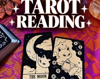May include: Two rectangular tarot cards featuring black and cream illustrations of cats. One card shows a cat reaching for a crescent moon labeled THE MOON, and the other shows a cat with a watering can labeled EIGHT OF PENTACLES. Text reads ODonnaMoon TAROT READING.