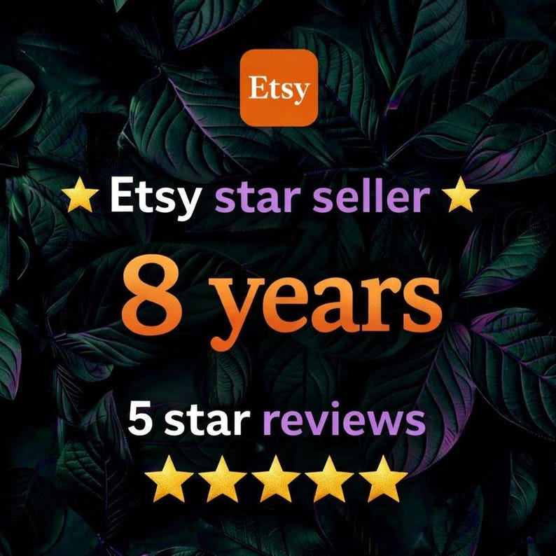 May include: A digital graphic featuring the orange Etsy logo at the top, followed by the text Etsy star seller flanked by two yellow stars. Below, the text 8 years appears in large orange font, followed by 5 star reviews and five yellow stars.