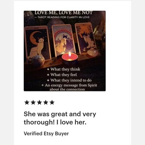 May include: Image of a tarot reading with three cards, a lit candle, and crystals. The text "LOVE ME, LOVE ME NOT - TAROT READING FOR CLARITY IN LOVE" is at the top. The image includes the text: "What they think, What they feel, What they intend to do."