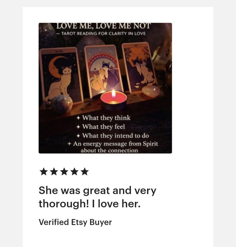 May include: Image of a tarot reading with three cards, a lit candle, and crystals. The text "LOVE ME, LOVE ME NOT - TAROT READING FOR CLARITY IN LOVE" is at the top. The image includes the text: "What they think, What they feel, What they intend to do."