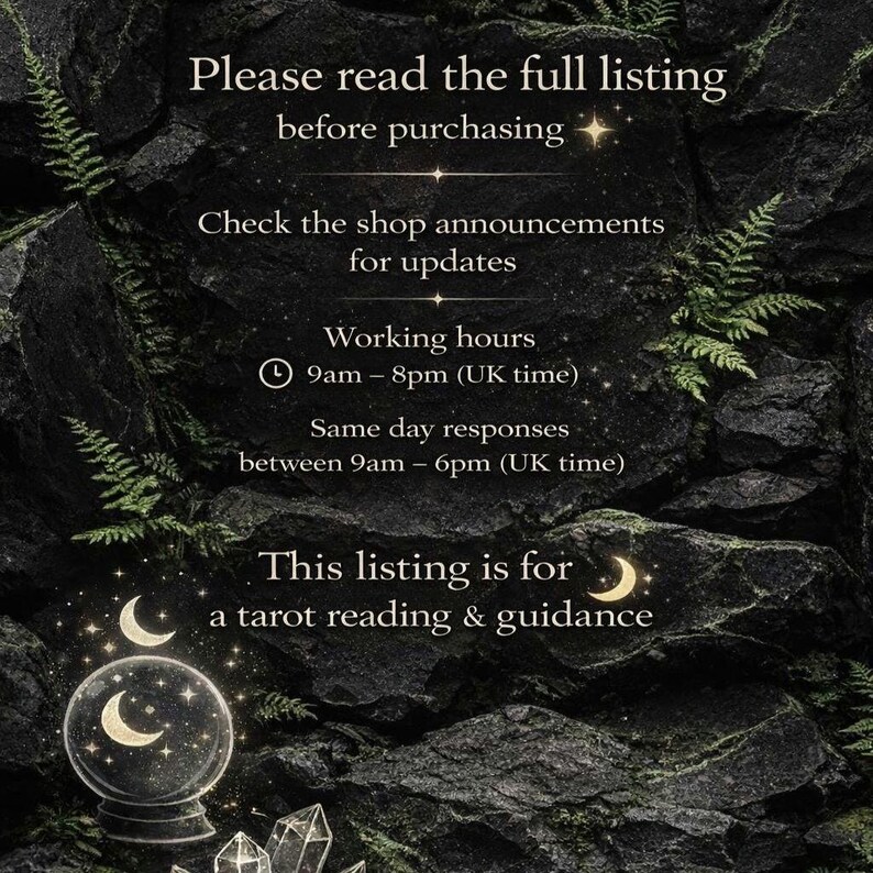 Puede incluir: Imagen oscura con texto que dice: "Por favor, lee el anuncio completo antes de comprar". Otro texto incluye anuncios de la tienda, horario laboral y tiempos de respuesta en el mismo d&iacute;a. El anuncio es para una lectura de tarot y orientaci&oacute;n.