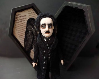 Edgar Allan Poe Gothic Poseable Art doll, Gothic Home Decor, Nevermore, The Raven Poe