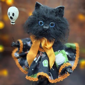 Unique Black Cat Halloween Art doll Figure - Spooky Home Decor