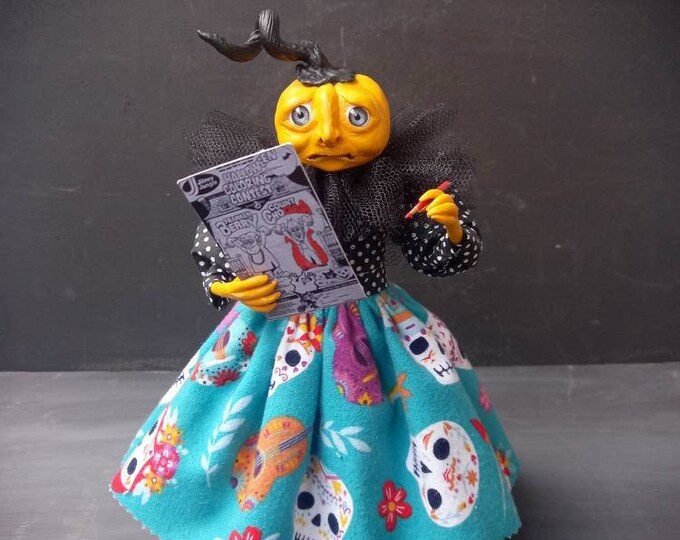Pumpkin Doll, Halloween Decor, Pumpkin Head Ooak Doll, Vintage Halloween Decorations, Spooky Art