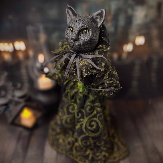 Gothic Black Cat Art Doll - Unique Handmade Decor