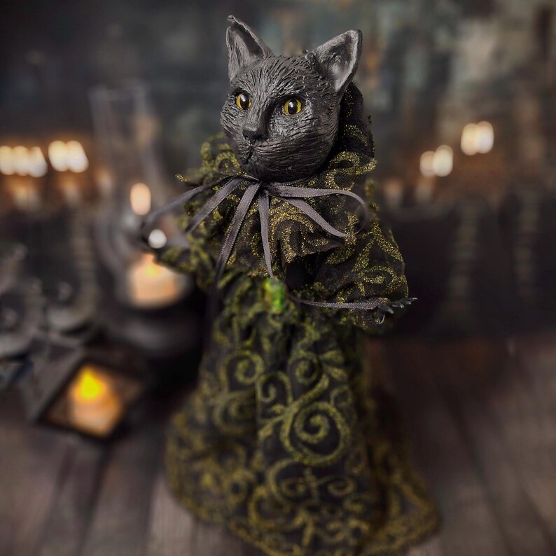 Gothic Black Cat Art Doll – Handmade Cat Figurine | Unique Halloween & Gothic Decor | Spooky Gift for Cat Lovers & Feline Enthusiasts