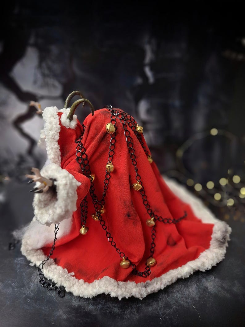 Handmade Krampus art doll from full left side angle – spooky gothic Christmas collectible showing detailed sculpting, textures, and dark holiday decor.
