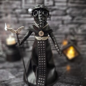 Handmade gothic plague doctor art doll shown in full front wide view, dark collectible display figure with vintage gothic details for home decor.