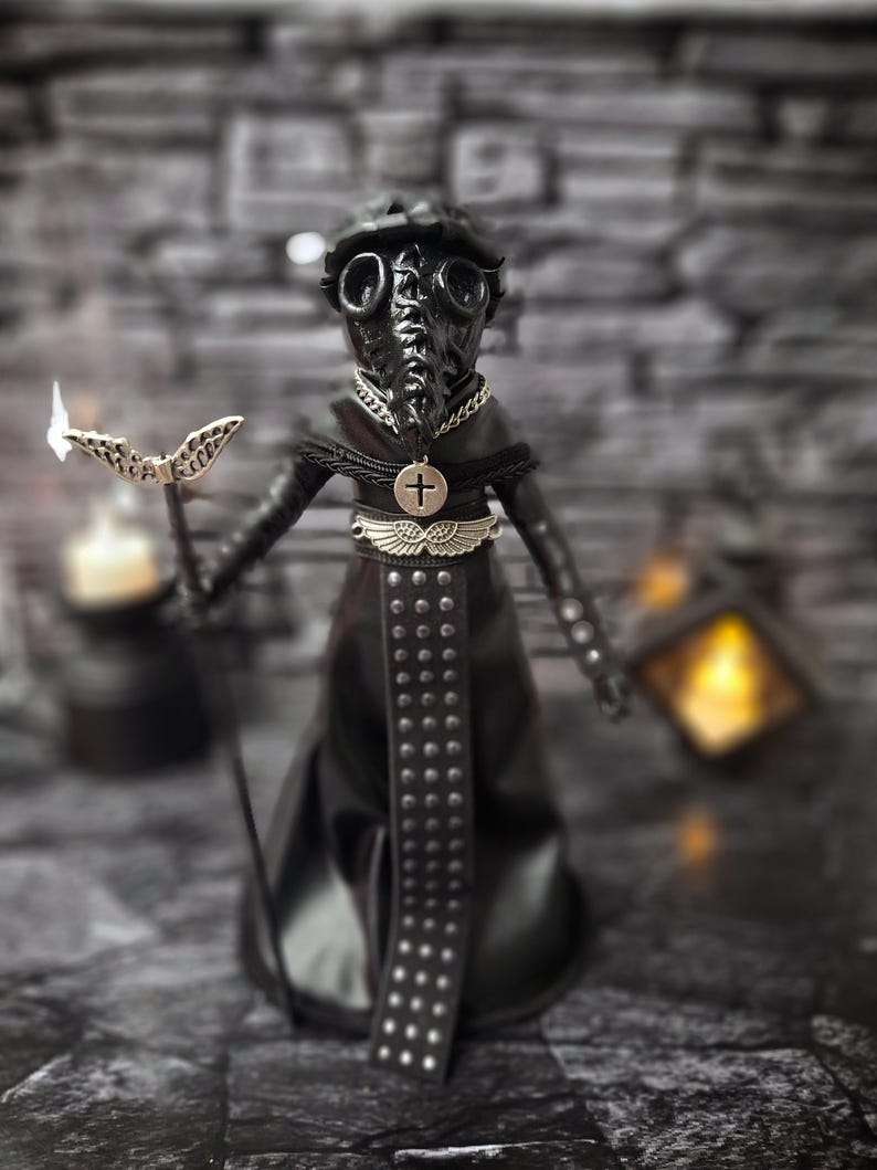 Handmade gothic plague doctor art doll shown in full front wide view, dark collectible display figure with vintage gothic details for home decor.